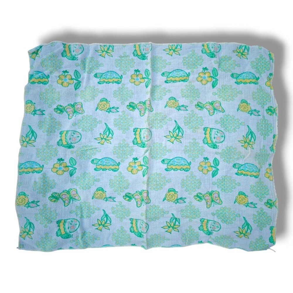 Vintage Carter's Baby Receiving Blanket Green Turtles Flowers Butterflies